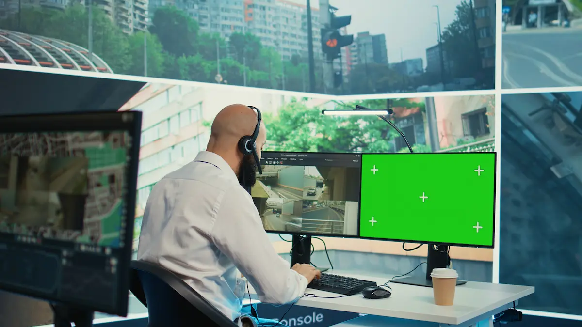 Private investigator monitoring surveillance footage and analyzing live security camera feeds from a professional investigation control center.