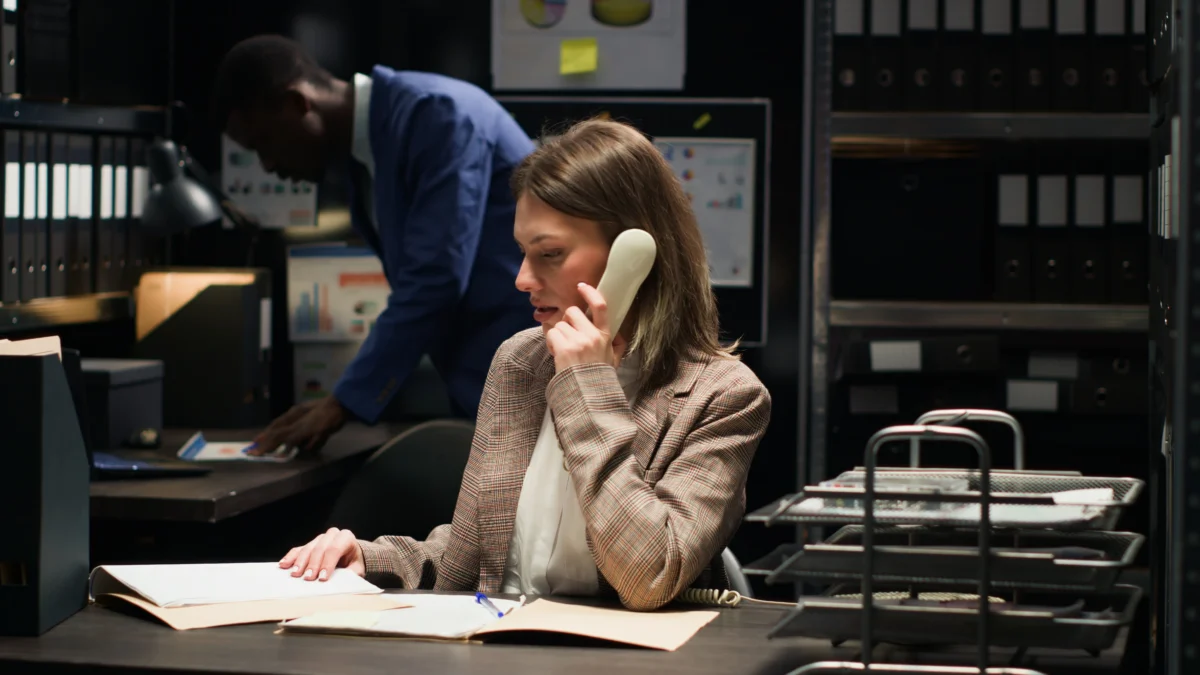 Professional investigator reviewing case documents during a confidential consultation for clients looking to hire a private investigator.
