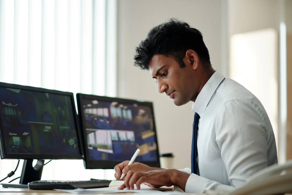 Private investigators Singapore reviewing surveillance footage and taking notes at a workstation with multiple monitors.