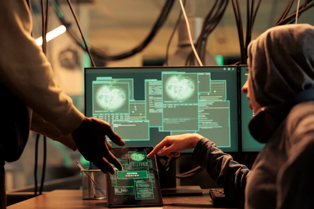 Digital forensics experts analyzing cybersecurity data and investigating digital evidence on multiple computer screens.